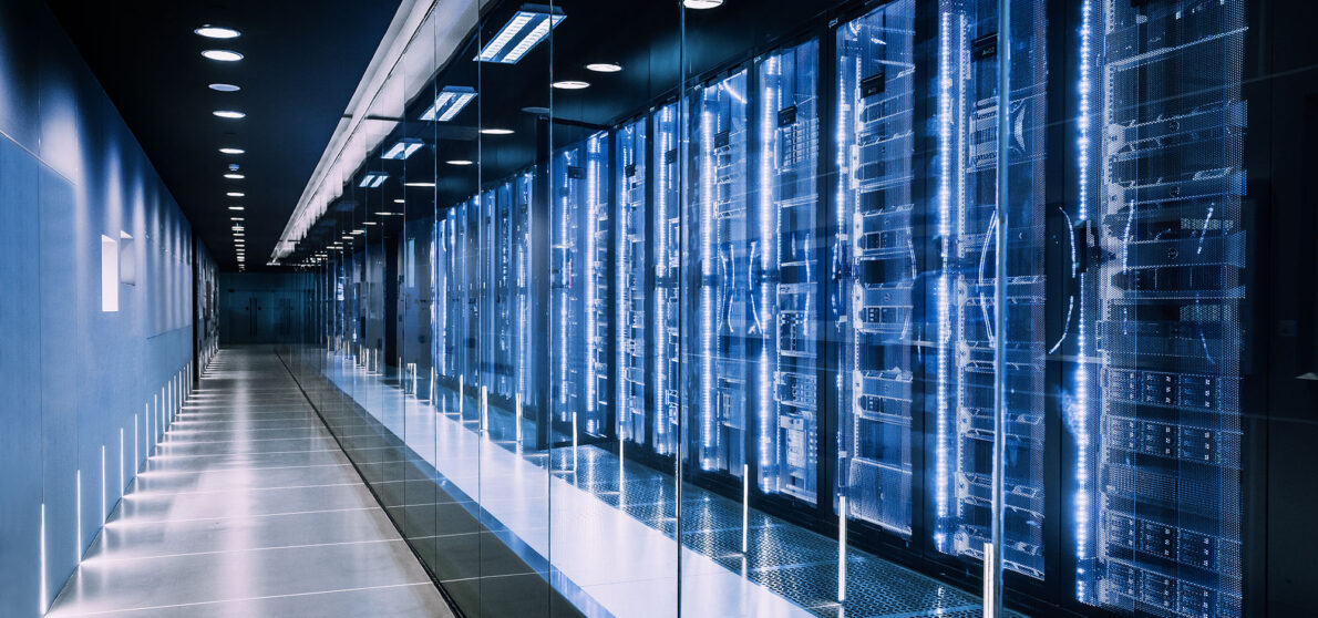 data center in server room with server racks