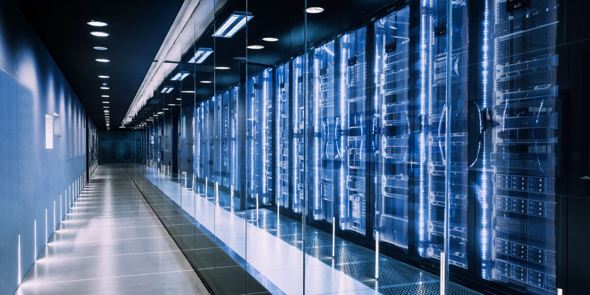 data center in server room with server racks